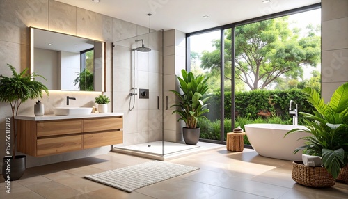 Aging in Place Designs concept Modern bathroom with large windows and natural plants for a serene atmosphere.