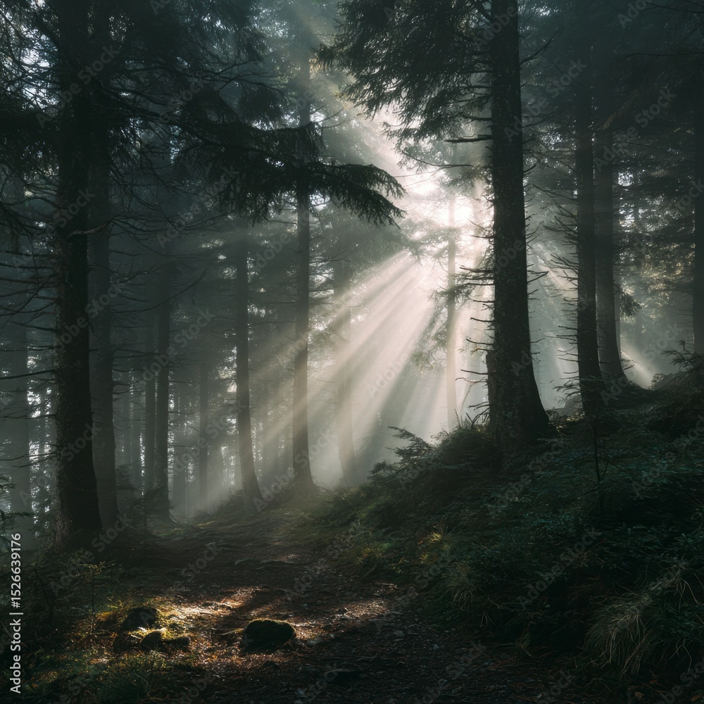 Obraz premium Sunlight through misty forest path
