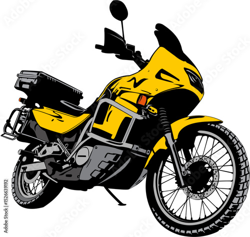 Yellow adventure motorbike vector illustration. Sport motorcycle classic old motorcycle for traveling around the world. No bodies on white background. Simple color