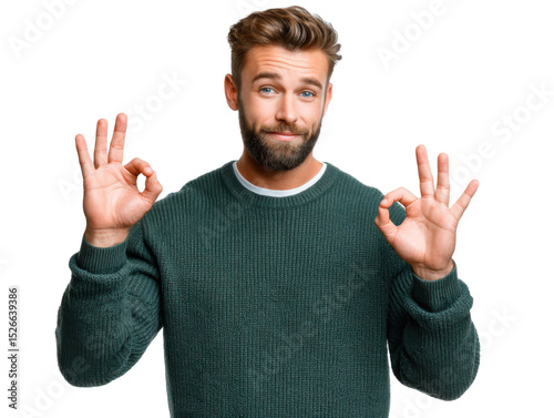 Confident Approval: A young man, radiating assurance, flashes the 'okay' gesture with both hands, signaling approval and conveying a sense of positivity and agreement.