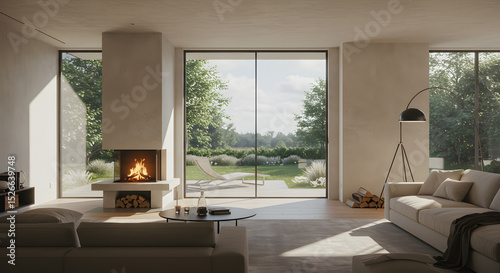 Modern Minimalist Living Room Design with Fireplace and Sliding Glass Doors to Garden