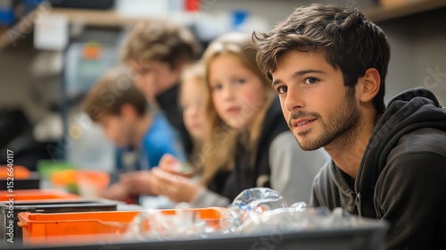 Young man engaged in a group activity, focused and attentive.