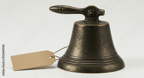 An antique-looking bronze bell with a handle on top and a blank paper tag attached with string.