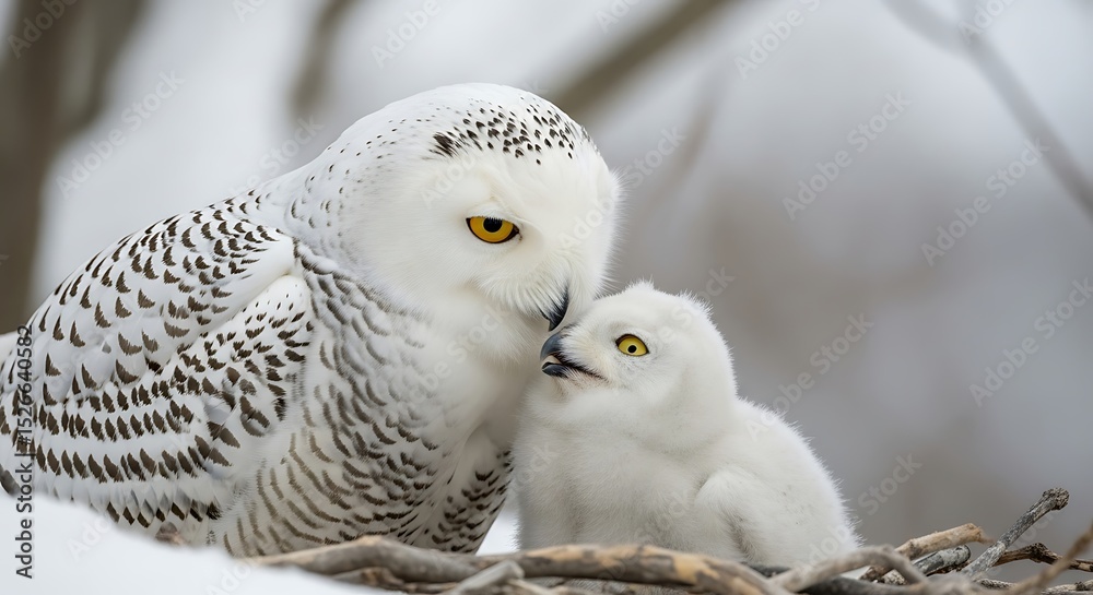 Fototapeta premium A mother owl and her young, sharing a tender moment in a winter scene. 