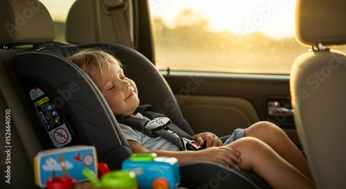 A blond toddler naps peacefully in a car seat during a road trip, bathed in golden sunlight.