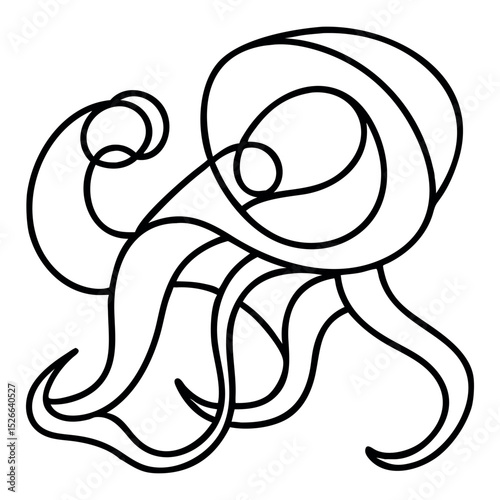 Abstract Octopus Line Art with Flowing Tentacles on Transparent Background