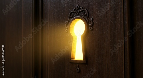 A close-up shot of a dark, wood-paneled door features a keyhole emitting a bright, golden glow.