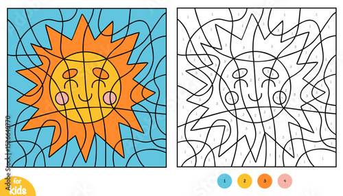 Color by number, education game for kids, Sun. Square coloring page