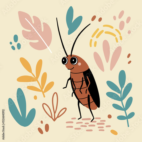 Cartoon cockroach standing among colorful leaves and foliage, Suitable for children's books and educational materials, Eco-projects, Creative agencies, viral marketing, unusual visuals to attract atte