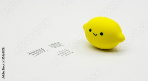 A charming yellow lemon-shaped toy with a cute, minimalist face, sits beside some pencil scribbles.