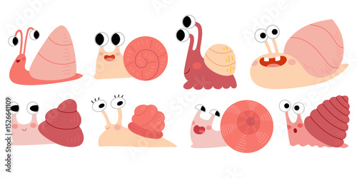 Set of cute cartoon snails with expressive faces and colorful shells. Kawaii-style vector characters . Flat style illustration, isolated on white background.