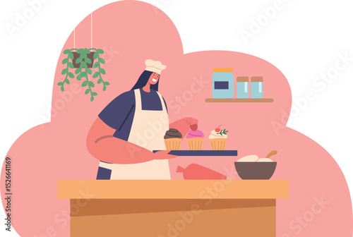 Woman chef cooking cupcakes vector illustration