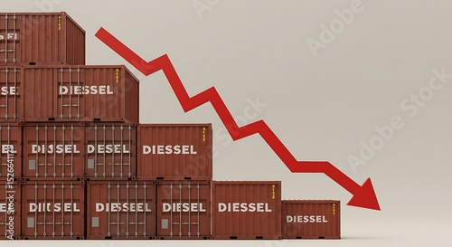 Against a plain backdrop, the arrangement of diesel containers showing a downward trend, emphasized by a red arrow, powerfully depicts the diminishing movement or storage of this fuel,