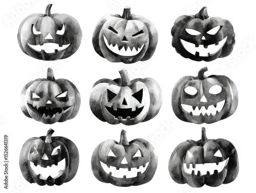 Halloween Carvings in Shadow: A spectral arrangement of carved pumpkins with menacing grins and eerie eyes, conjuring the spirit of All Hallows' Eve.