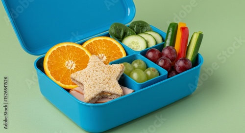 Healthy and fun lunchbox filled with fruits, vegetables, and a star-shaped sandwich. Perfect for kids.