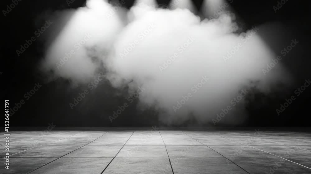 Floor tiles with foggy stage background white smoke effect and soft lighting