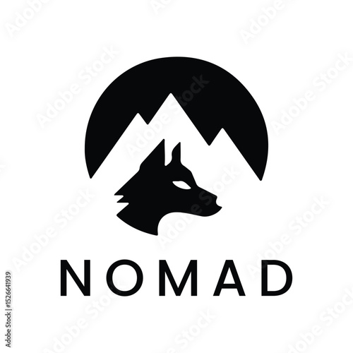 A logo with a wolf head and mountains in the background