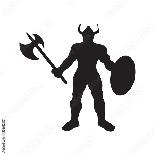 Viking warrior silhouette vector icon with axe and shield