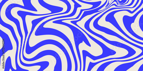 Blue wavy lines abstract background. Trendy psychedelic retro style backdrop. Waves, swirl and twirl pattern. Twisted distorted vector texture.