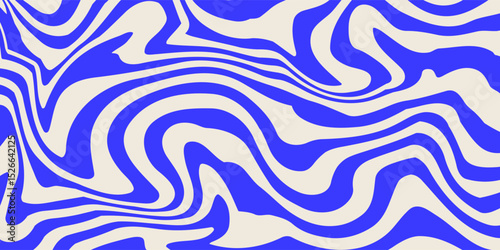 Blue wavy lines abstract background. Trendy psychedelic retro style backdrop. Waves, swirl and twirl pattern. Twisted distorted vector texture. Y2k aesthetic design
