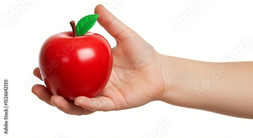 A child's hand holds a bright red apple with a green leaf, symbolizing health and nutrition.