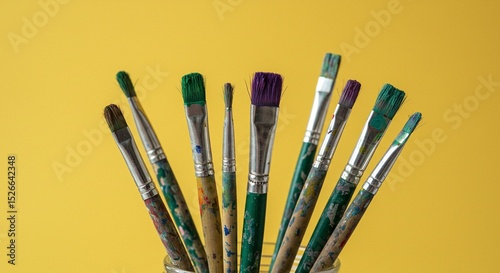 A collection of assorted paintbrushes standing upright, displaying a variety of sizes and colors.