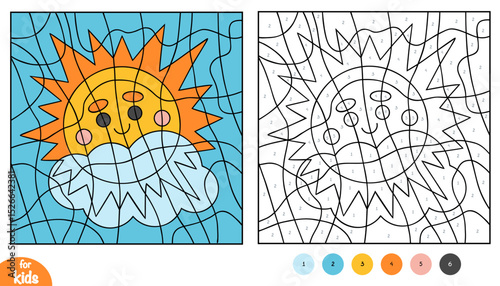 Color by number, education game for kids, Sun and white clouds in the blue sky. Square coloring page