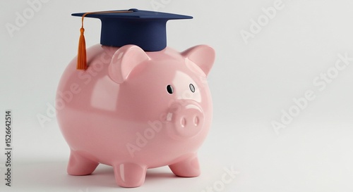 Pink piggy bank wearing a graduation cap, concept of saving money for college and education.