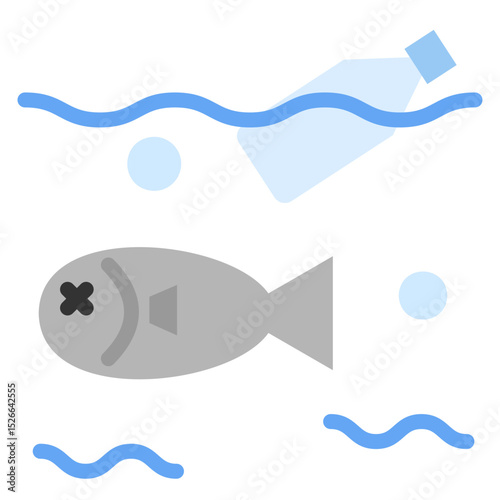 Fish living in ocean polluted with plastic waste icon