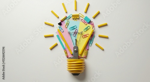 Conceptual shot of a lightbulb made out of colorful paper, paperclips, and pencils on white background.