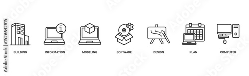 BIM banner web icon vector illustration concept for building information modeling with icon of building, information, modeling, software, design, plan, and computer
