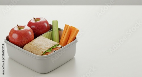 Healthy lunchbox featuring apples, a veggie wrap, carrot sticks, and cucumber for a nutritious meal.