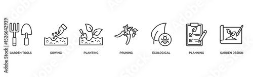 Gardening banner web icon vector illustration concept with icon of garden tools, sowing, planting, pruning, ecological, planning and garden design