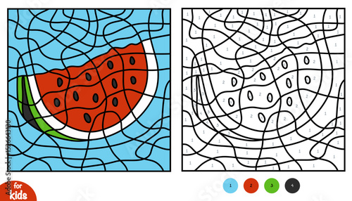 Color by number worksheet with a slice of watermelon. Summer themed educational game for kids. Printable activity page