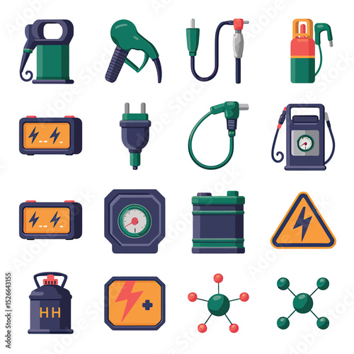 vector icons to vehicle fueling and charging a gasoline pump, an electric vehicle plug hydrogen mole