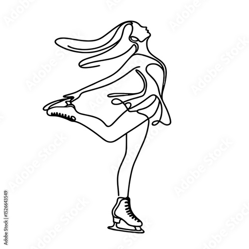 Girl figure skater, vector, black line drawing, minimalistic, single line, simple line, isolated, transparent background 