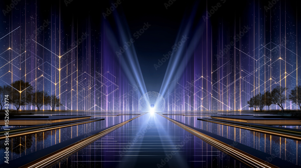 Obraz premium Digital Skyline: A mesmerizing digital rendering of an urban landscape, with interconnected lines of light creating a futuristic cityscape, trees, and a vibrant display of colors.
