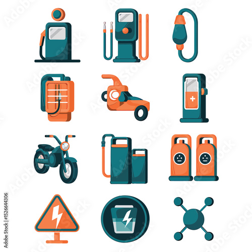 vector icons to vehicle fueling and charging a gasoline pump, an electric vehicle plug hydrogen mole