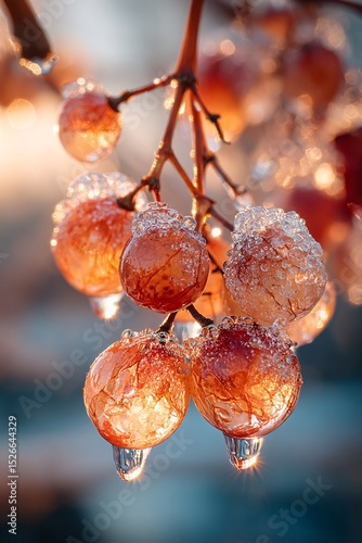 close-up view of ice-covered grape clusters shining in winter sunlight