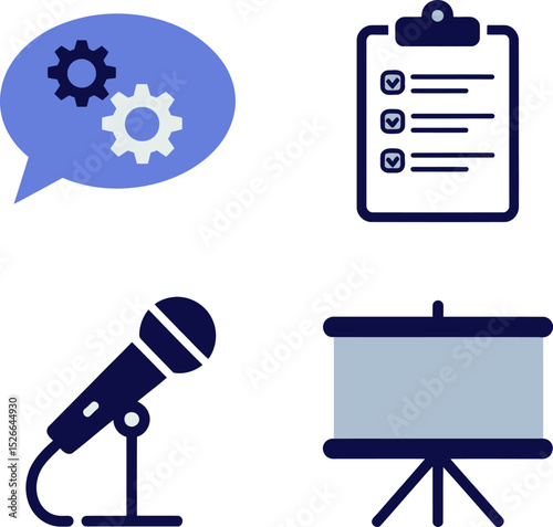 Team discussion icon set. Workshop speech, gear ideas, to-do checklist board, and presentation strategy icons  