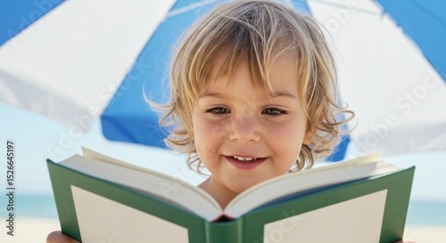 Young boy with blonde hair and a captivating smile immersed in reading a book outdoors under an umbrella.