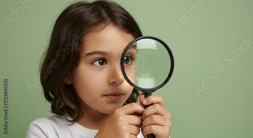 Young child intensely looking through a magnifying glass, with a curious and focused expression.