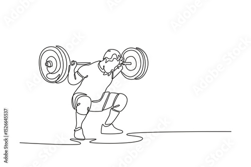 Single one line drawing male bodybuilder in sportswear doing squats with barbell on his shoulders in a modern health club. Weightlifting and fitness. Continuous line design graphic vector illustration