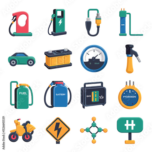 vector icons to vehicle fueling and charging a gasoline pump, an electric vehicle plug hydrogen mole