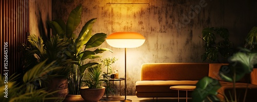 Funky jazz lounge with improvised lamp lighting plants and earthy tones