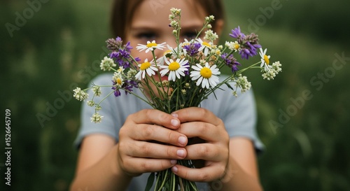 A child's hands delicately present a charming bouquet of wildflowers against a serene green backdrop.