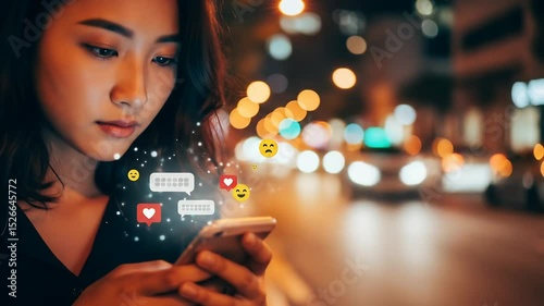Young woman using smart phone with floating icons of social media, Social media concept 4k video