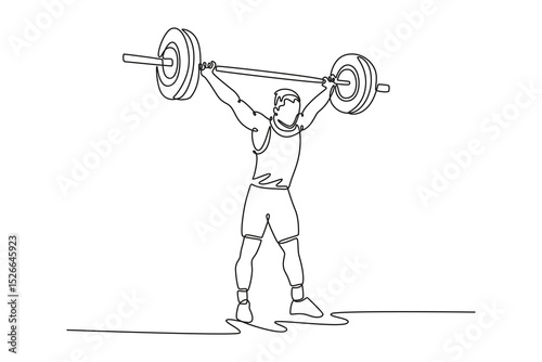Continuous one line drawing strong weight lifter lifting weights during competition. Sport, fitness, weightlifting, bodybuilding, training, workout. Single line draw design vector graphic illustration