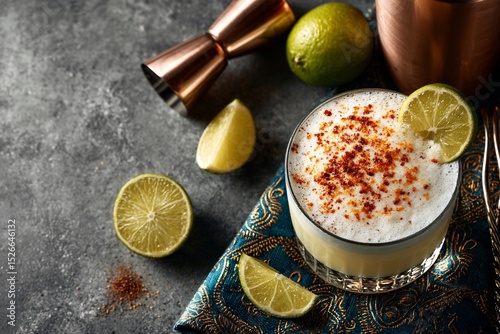 Artistic Flat Lay of Pisco Sour Cocktail Surrounded by Citrus Lime