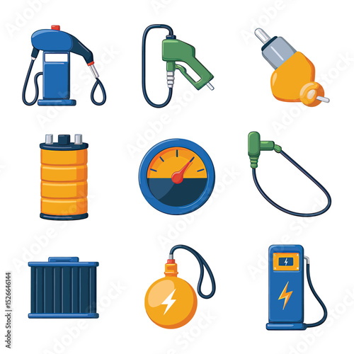 vector icons to vehicle fueling and charging a gasoline pump, an electric vehicle plug hydrogen mole